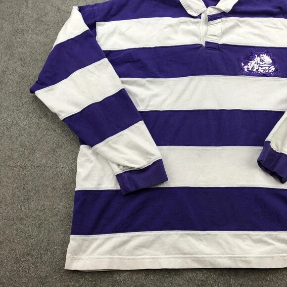 TCU Horned Frogs Polo Shirt Mens 2XL Purple White Striped Rugby Long Sleeve Y2K - Picture 2 of 9